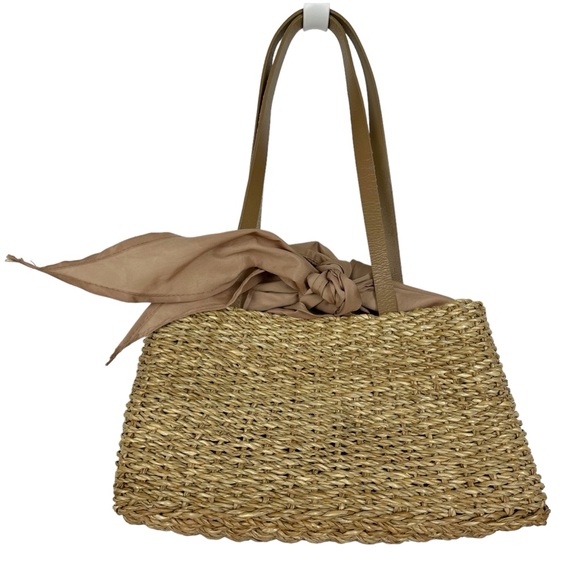 Vintage Braided Straw Rattan Beachy Sequin Shell Handkerchief Tie Shoulder Bag - Picture 4 of 11